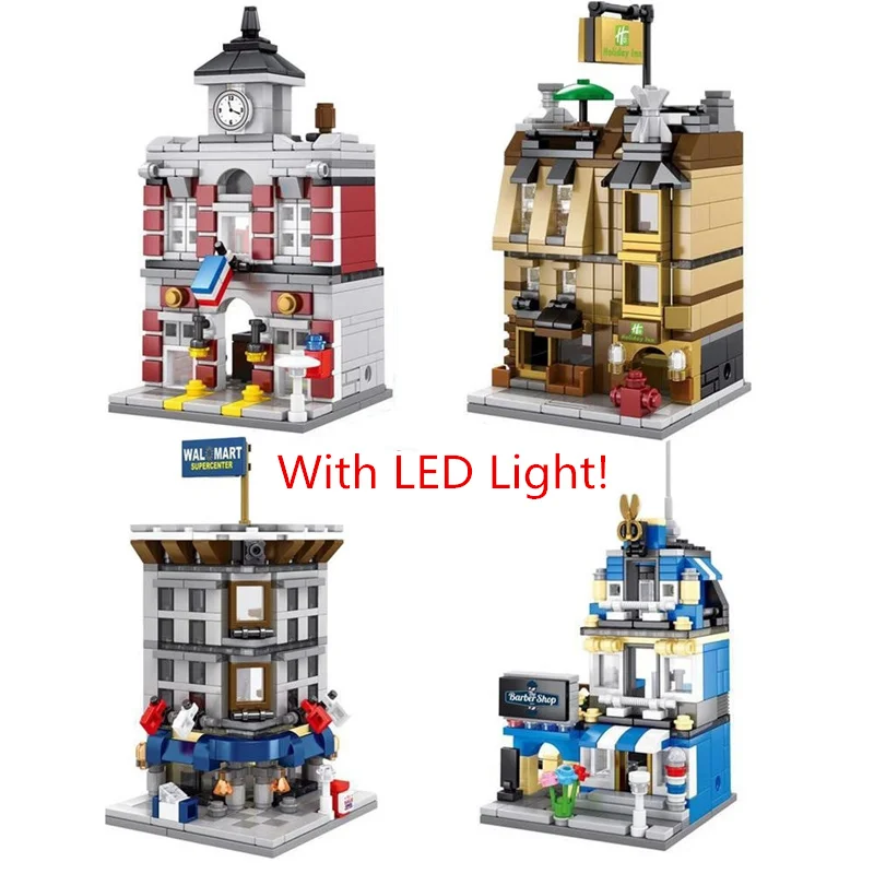 

LED Light Bulding Blocks 4 Styles/Set Mini City Series Street Barbershop Fire Station Wal-Mart Hotel Toys Model Christmas Gift