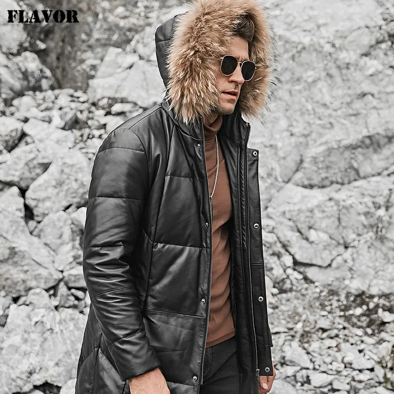 

FLAVOR Men's Real Leather Down Coat Men Genuine Lambskin Winter Warm Leather White Duck Down Jacket with Raccoon fur Hood