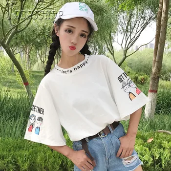 

2019 Summer Cartoon Boy and Girl Print Women T Shirt Casual Round Neck Female Tee Shirts