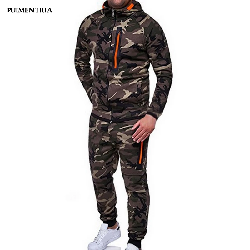 

Puimentiua 2019 Tracksuit Men Camo Hoodies Pant Set Sweatshirts Hoodie Males Sportswear Suits Casual Slim Fit long sleeves Coat