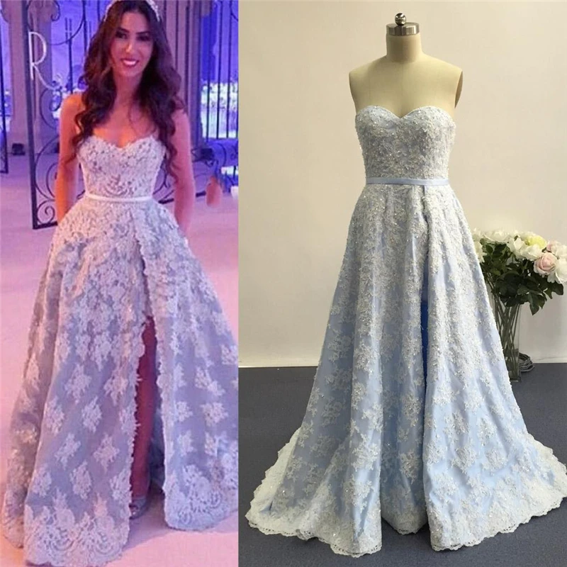 Cute Sweetheart Sky Blue Long Prom Dresses Sexy Leg Split White Lace Pearls Beaded Prom Party Gowns Cheap Satin Prom Dress 2017