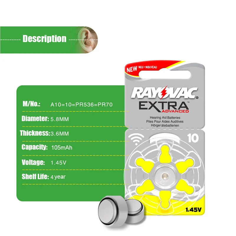 60 PCS RAYOVAC EXTRA Zinc Air Performance Hearing Aid Batteries A10 10A 10 PR70 Hearing Aid Battery A10
