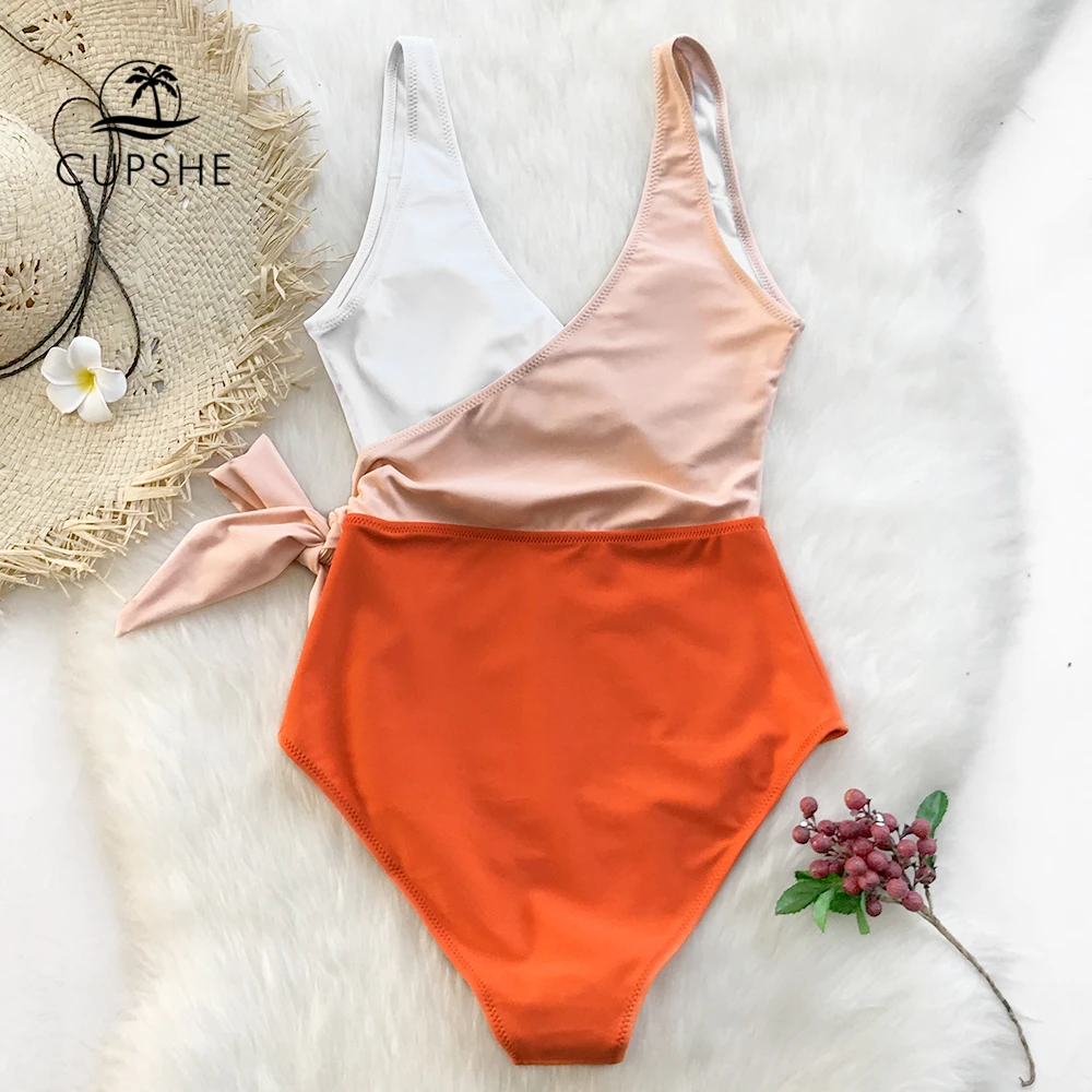 Billige Cupshe Gelb Und Weiß Colorblock einteiliges Badeanzug Frauen Patchwork Gürtel Bogen Monokini 2020 V ausschnitt Strand Badeanzug Bademode