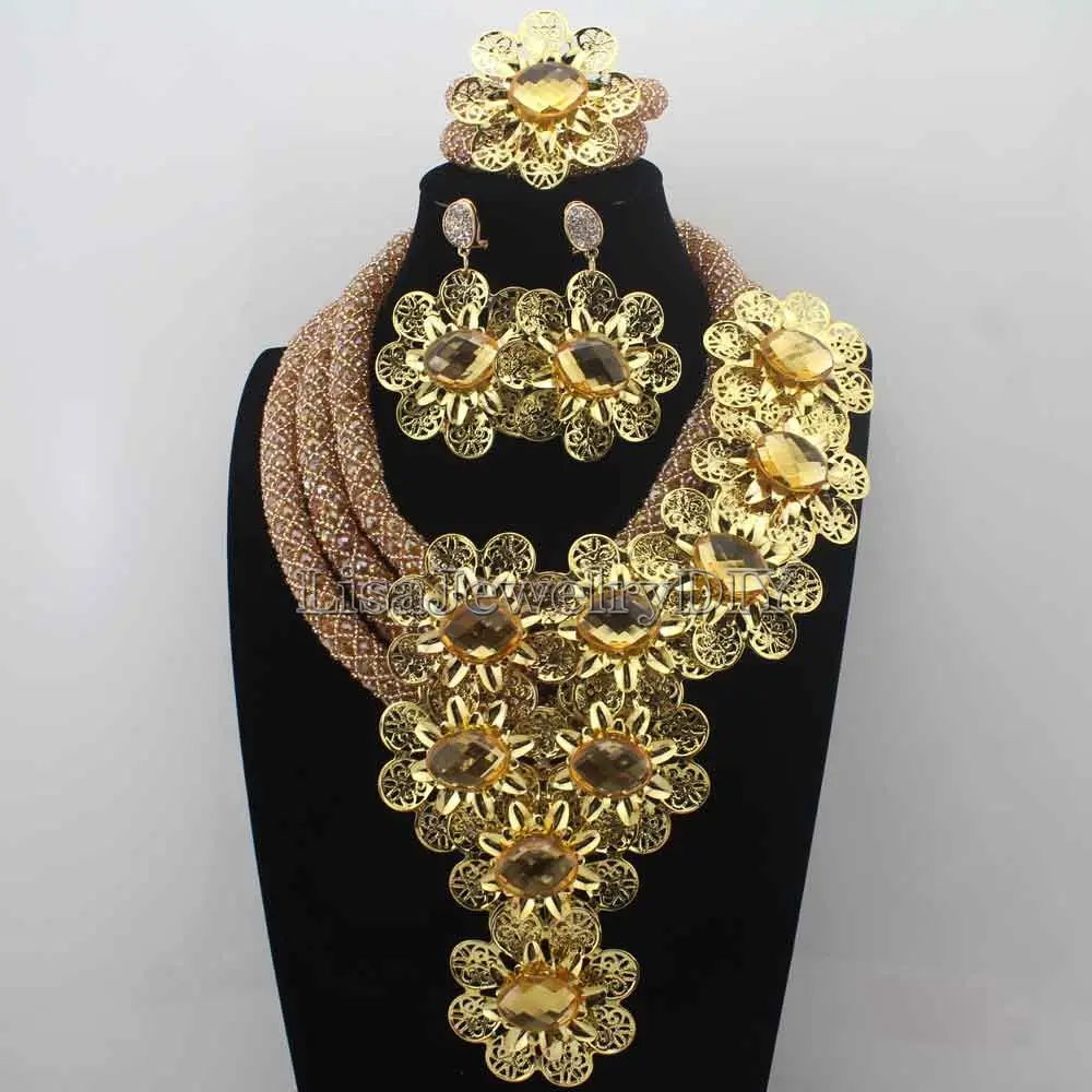 

New Splendid Crystal Statement Necklace Set Wedding African Beads Flower Jewelry Set for Women Free Shipping HD8742