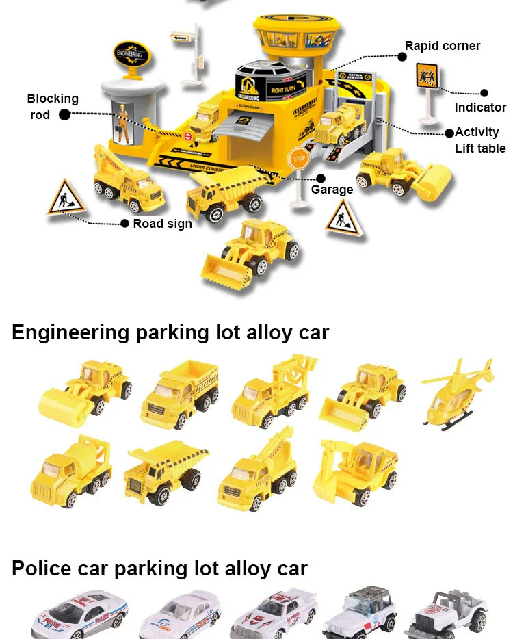 1: 64 Детские сборные игрушки для парковки, пластиковые разделенные места для парковки, сплав, такси, инженер, автомобиль, слайд-трек, пожарная полицейская станция