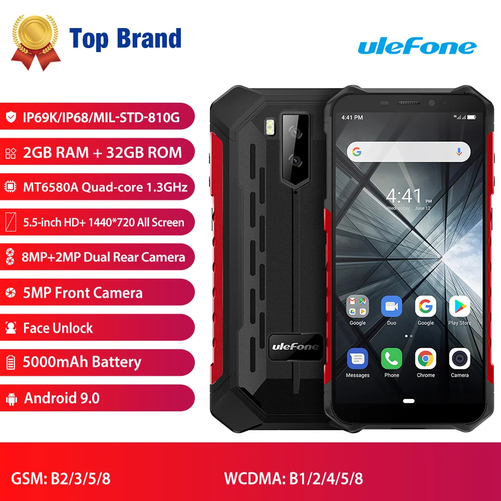 Ulefone Armor X3 прочный телефон Android 9,0 IP68/IP69K водонепроницаемый 2 ГБ 32 ГБ MT6580 5,5 дюймов HD+ 8MP 5000 мАч face ID 3g смартфон