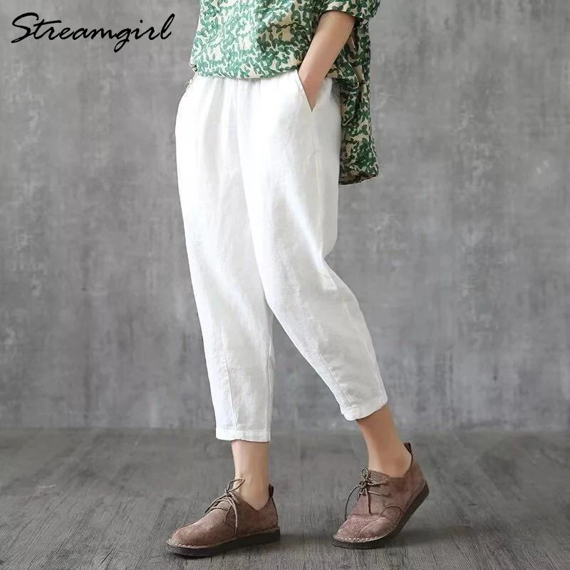 Vintage Women Linen Pants Plus Size 2019 Summer Pant Capris Loose Thin Fabric Cotton Solid Color Harem Women|Брюки |