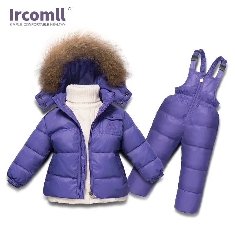 Ircomll/комплект одежды для мальчиков и девочек на русскую зиму, белое пуховое пальто для малышей+ комбинезон детская зимняя одежда из 2 предметов ветрозащитный лыжный костюм - Цвет: Purple