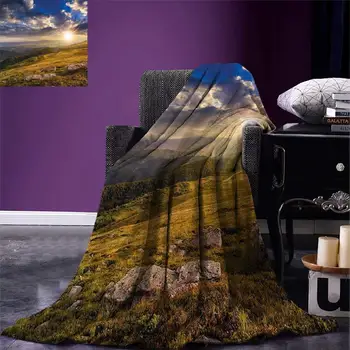 

Nature Throw Mountain Hills Landscape with Vibrant Sunlights on Meadow Misty Rural Panorama Warm Microfiber Blanket