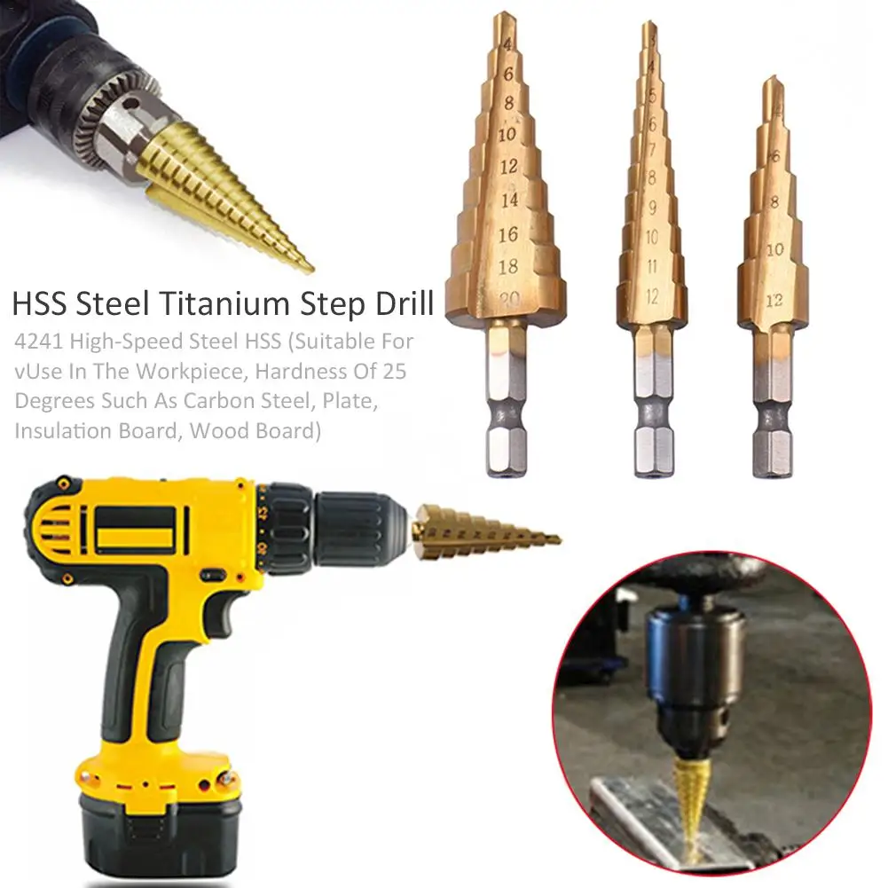 

HSS Steel Ladder Small Metric Step Drill 3 Piece Set Bag Set 3-12, 4-12, 4-20 Automatic Elimination Hole Drilling Titanium Drill