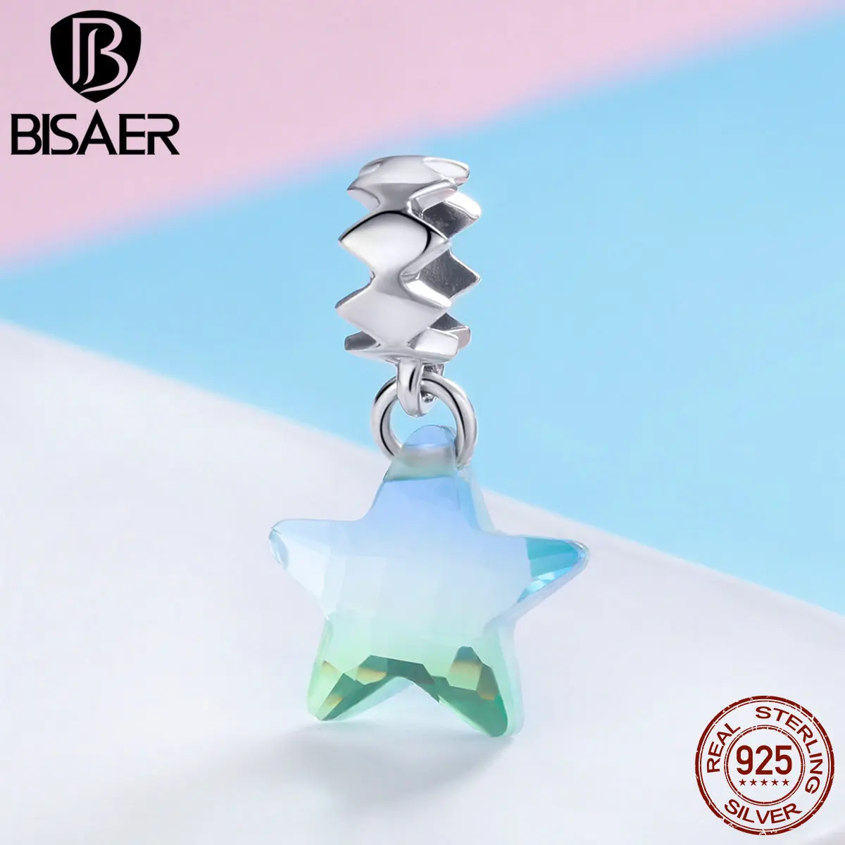 

BISAER Pendant Charms 925 Sterling Silver Light Star Crystal Stone Pendants fit for Women Charm Bracelet Jewelry Making HSC883