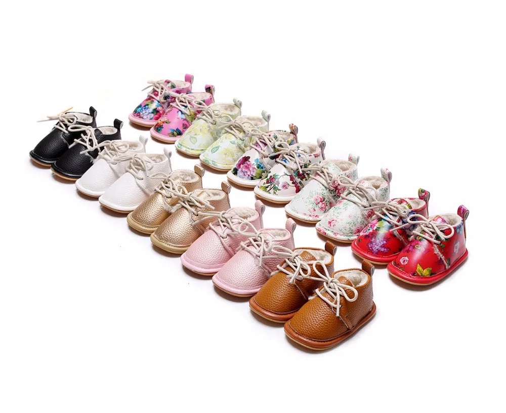 VIP Dropshiping lace up floral printing baby moccasins super warm PU leather fur winter baby shoes toddler girls boys snow boots