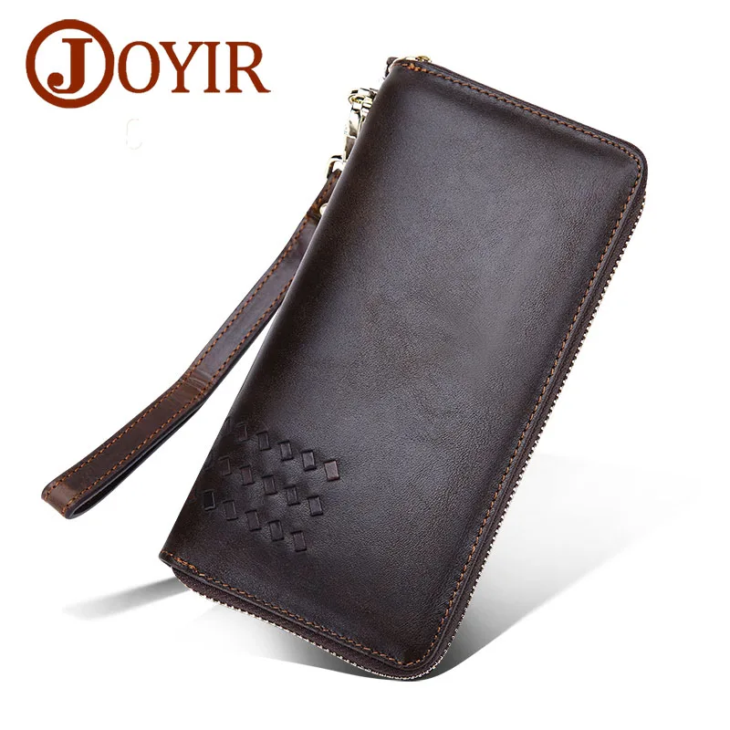 

JOYIR Genuine Cowhide Leather Men Long Knitting Wallet Vintage Zipper Business Purse Wallet for Male Large Men Leather Wallet