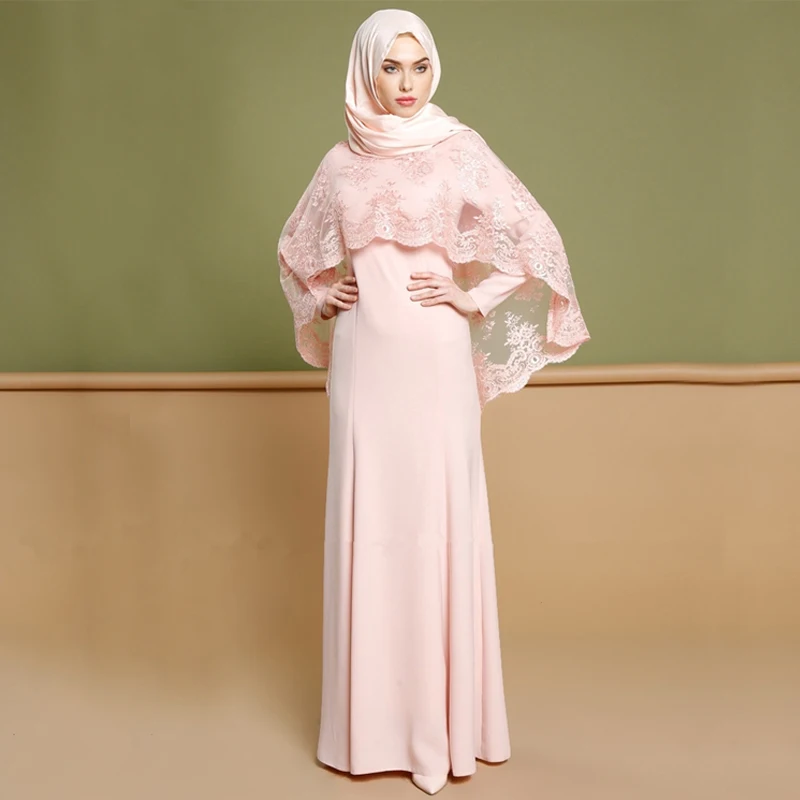 Плюс Размеры мусульманские платья арабские платья ОАЭ Абаи мусульманин Кафтан Для женщин вечерние комплект из двух предметов с кружевной шалью и хиджаб платье Дубай турецкий исламская Костюмы