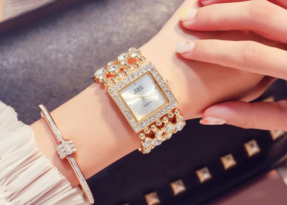 Женские часы модные G& D брендовые роскошные часы с золотым кристаллом и браслетом женские стальные кварцевые наручные часы женские часы под платье