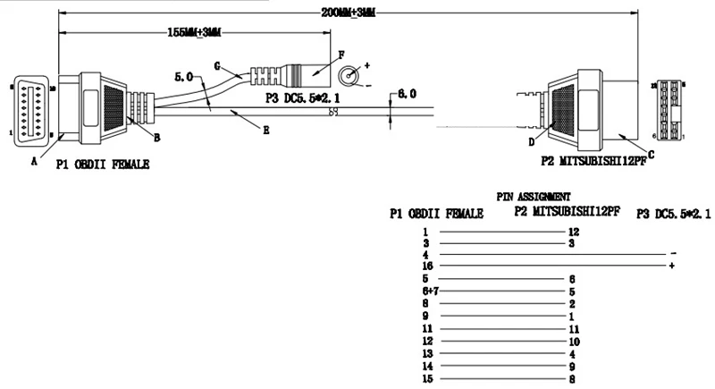 10 шт./лот Лучшая цена для Mitsubishi 12pin до 16Pin OBD2/OBDII DLC Автомобильный Кабель диагностического прибора 12 Pin до 16 pin разъем