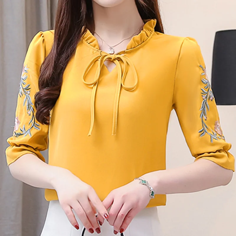 

Women Shirts Chiffon Bluose Women Korean Office Lady Embroidery Shirt for Woman Plus Size Tops Ladies Floral Tops Blouses Female