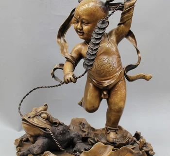 

20" Chinese Pure Bronze Wealth immortal Liu Hai play Golden Toad Spittor Statue