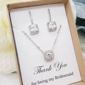 

personalize any text wedding Bridesmaid luxury square CZ necklace earrings sets maid of honour Jewelry Set proposal gifts