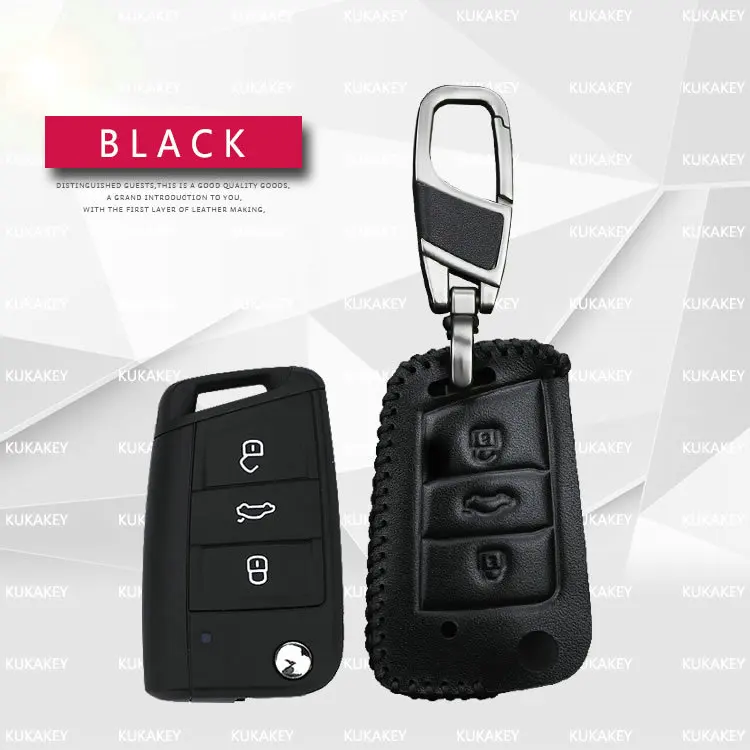 KUKAKEY чехол для ключей автомобиля из натуральной кожи для SEAT Leon Ibiza CUPTRA для Skoda Octavia, чехол для ключей, держатель для VW Polo golf 7 MK7 - Название цвета: 3Button Black