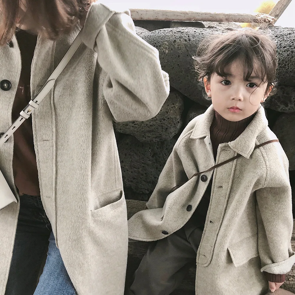

Mihkalev New girls wool coat autumn winter mother daughter family outfits long-length baby girl wind coat for kids clothes