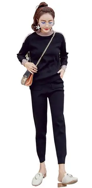 

Winter Woolen and Cashmere Pattern Knitted warm Set O-Neck Sweater + Mink Cashmere Trousers Leisure Two-piece Pants Set DC804