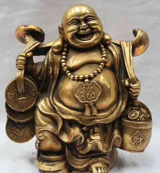 Chinese Buddhism brass Gourd Yuanbao Happy Laugh Maitreya Buddha Statue