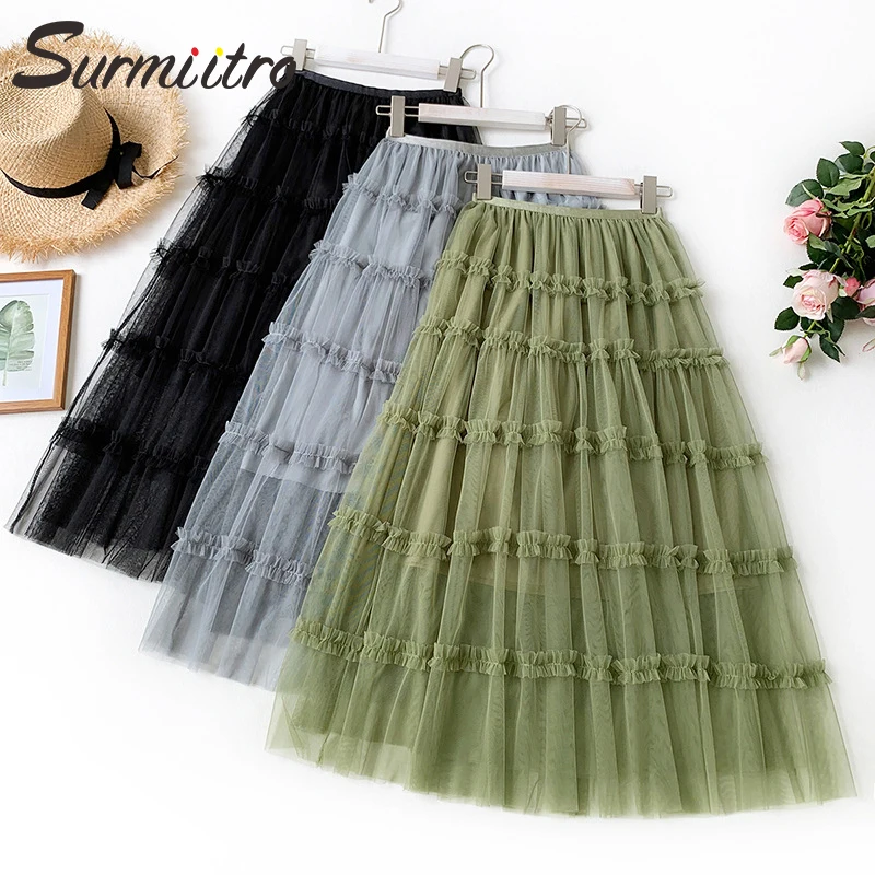 

Surmiitro Casual Korean Long Summer Tulle Skirt Women 2019 Ladies Elegant Green High Waist A-Line Pleated Sun Maxi Skirt Female