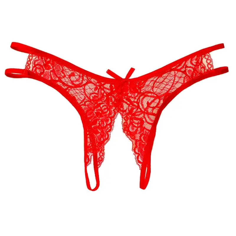 Женские эротические стринги с открытой промежностью, цветочные прозрачные кружевные трусики с бантом, нижнее белье с вырезами - Цвет: Red