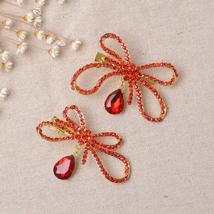 2PCS Women Hair wear Handmade silk Ribbon hair clips crystal hairgrips red bow knot Charm bridal