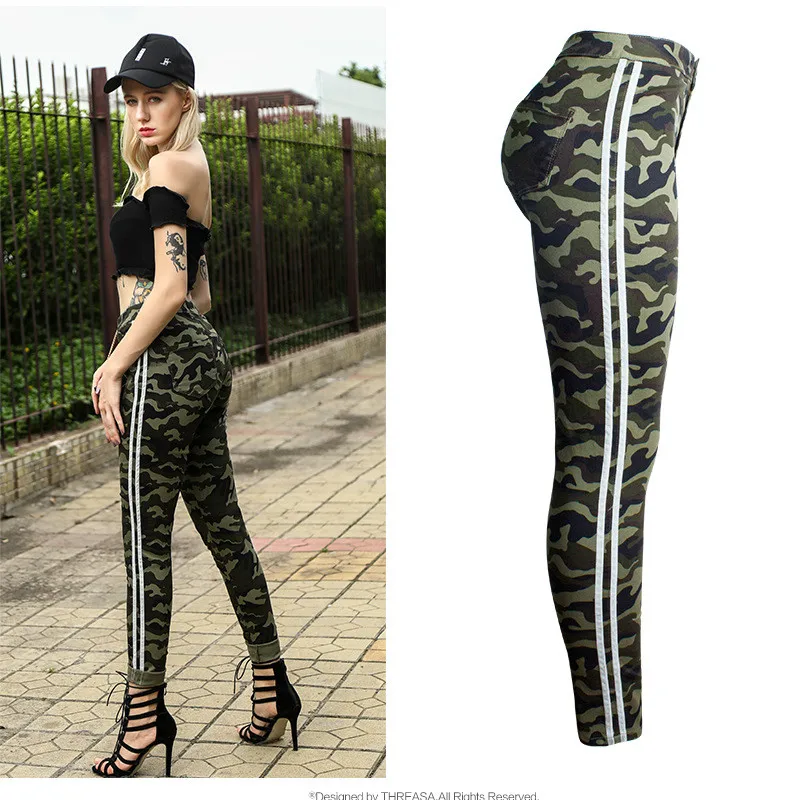 

2018 Autumn High Waist Slim Camouflage Jeans Women Slim Side Stripe Ribbon Vaqueros Mujer Military High Street Skinny Denim Pant