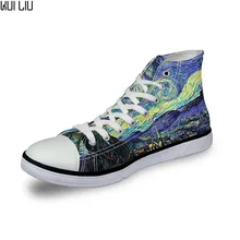 Мужская повседневная обувь с художественным принтом; мужская обувь на шнуровке; Вулканизированная парусиновая обувь с высоким берцем; обувь на плоской подошве для мальчиков; Vincent van Gogh Master pieces