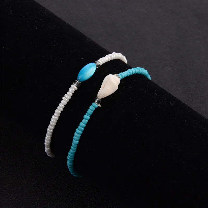 NEWBUY 2pcs/Set Blue/White Color Beads Ankle Bracelet Hot Sale Natural Shell Anklets For Women Bohemian Jewelry Wholesale