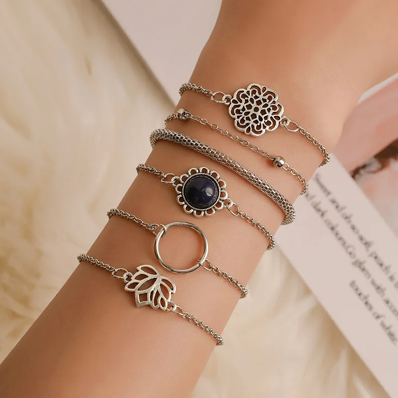 

6Pcs/Set Fashion Punk Chain Moon Leaf Crystal Geometry Open Bracelet Set Women Charm Beach Jewelry Drop Shipping