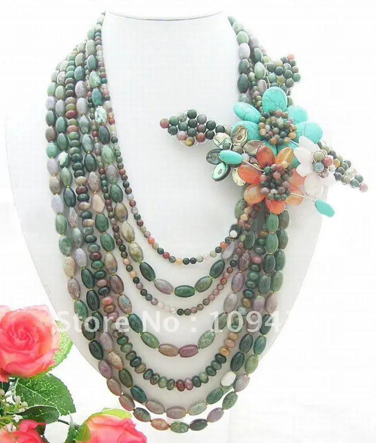 

7Strds Onyx&Rose Crystal&Carnelian&Shell Necklace