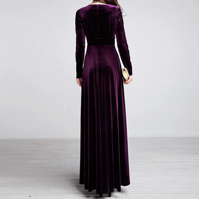

Vintage Women's Long Sleeve V Neck Velvet Cocktail Party Long Dress