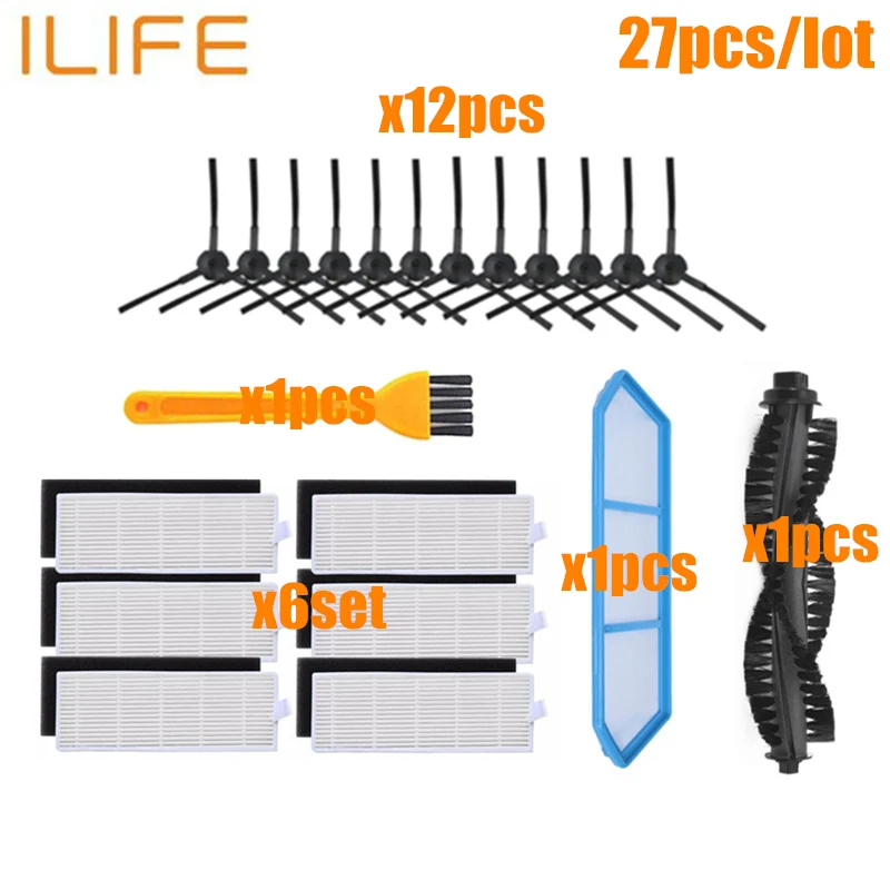 Основная щетка+ HEPA фильтр+ боковые щетки+ основной пылевой фильтр для ilife a4s a40 Запчасти для робота-пылесоса chuwi ilife a40 аксессуары - Цвет: 27pcs