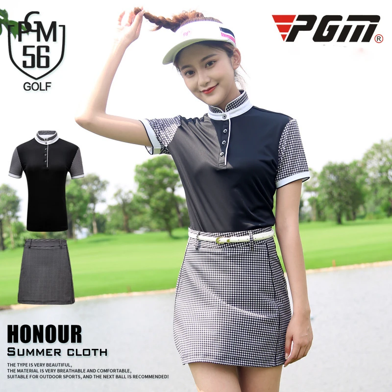 

Hot! Pgm Golf Clothes Women Short Sleeve Shirts Plaid Short Skirts Soft Slim High Elastic Sport Suit For Lady AA60486