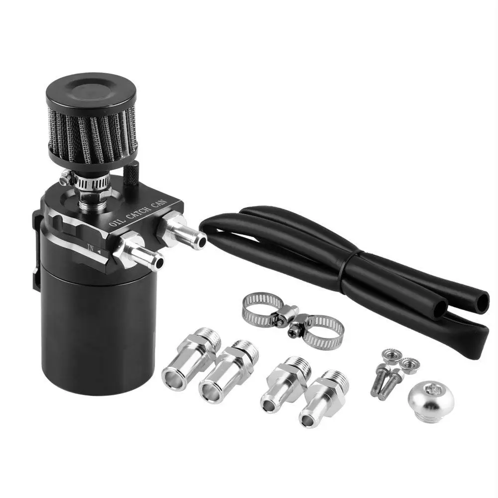 BLACK OIL CATCH TANK RESERVOIR BREATHER CAN W// FILTER CYLINDER ALUMINUM ENGINE