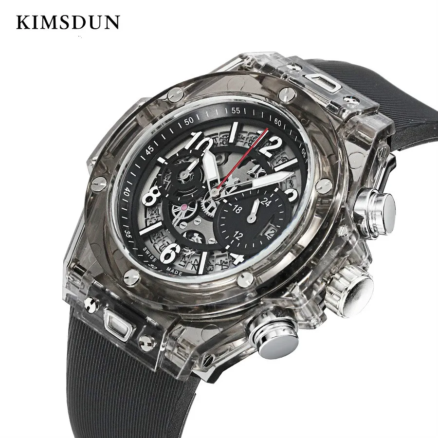 

2019 KIMSDUN Men's Sports watch Chronograph Digital Quartz Rubber Strap Watches reloj hombre Transparent dial Military Clock