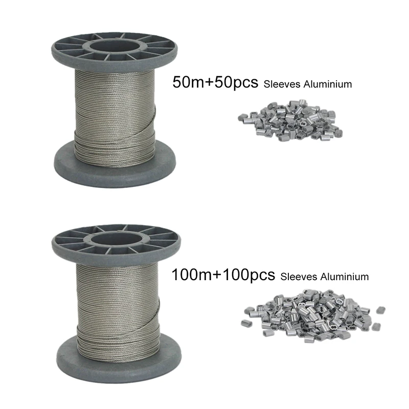 304 Stainless Steel 7x7 Wire Rope 50M/100M Softer Fishing Lifting Cable 0.5/0.6/0.8/1.0mm Diameter Included Aluminium Sleeves
