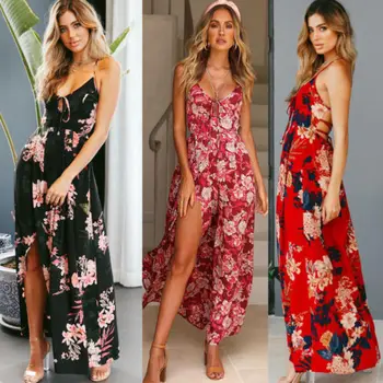 

Fashion Women Summer Boho Lace up Backless Floral Beach High Side Slit Dress Low-cut Holiday Floral Print Long Maxi Dress