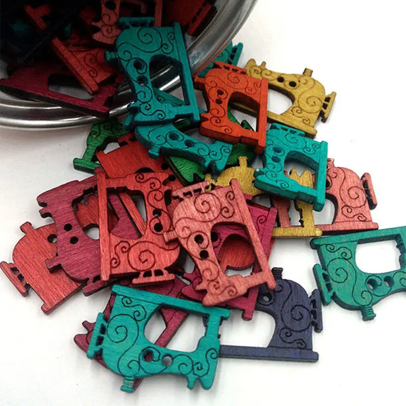 

50Pcs/pack Creative Handmade DIY Button Vintage Sewing Machine With Wooden Buttons Vintage Color Sewing Machine Wooden Button