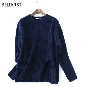 

Autumn and Winter New Women's Round Neck Pure Cashmere Sweater Fashion Loose Split Sweater Pullover Warm Thick Knitted Sweater