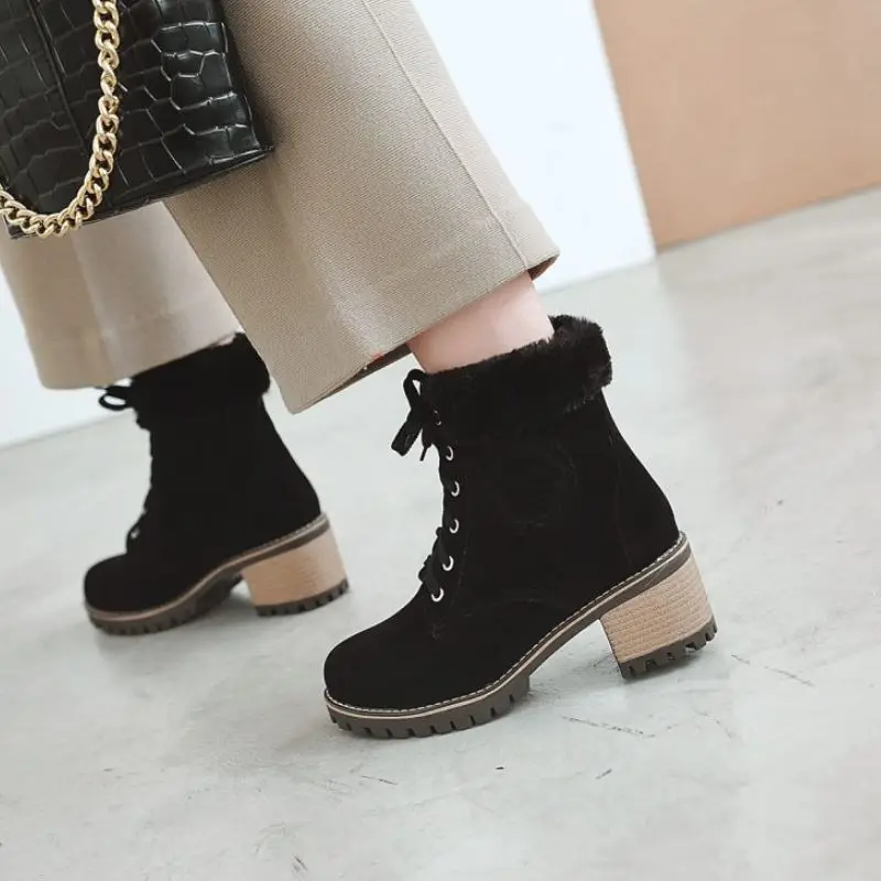 SJJH/женские зимние ботинки из флока с круглым носком на не сужающемся книзу массивном каблуке, ботильоны на шнуровке, плюшевые ботинки, зимняя модная повседневная обувь, большой размер A1381