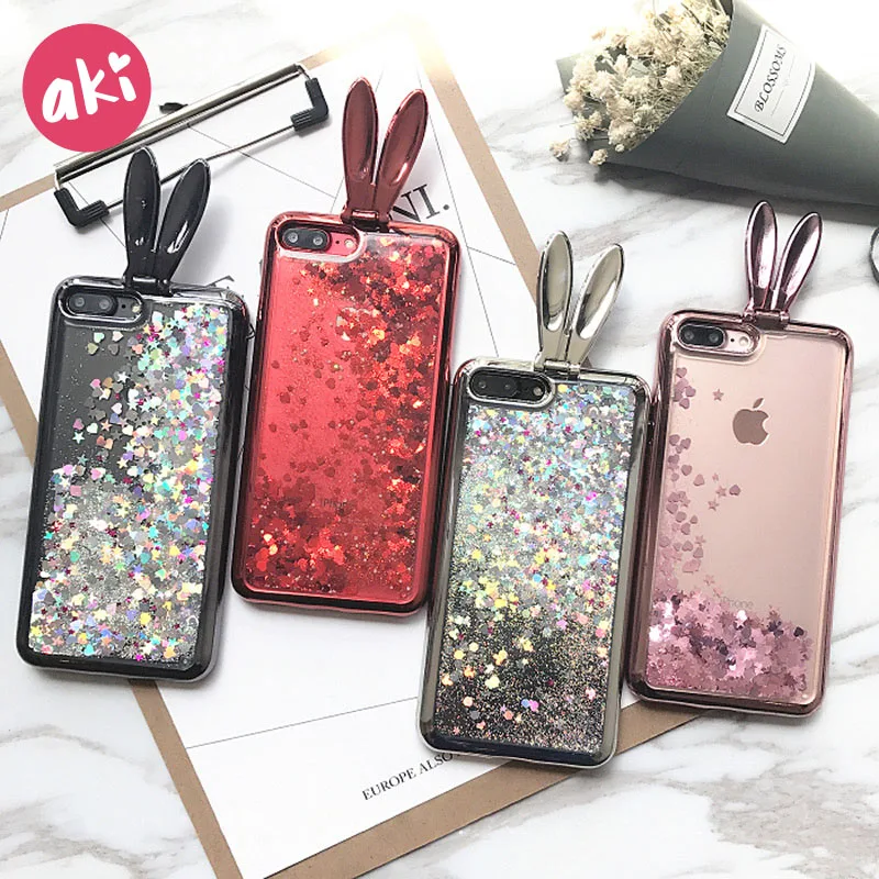 

AKI Glitter Liquid Phone Case for iPhone 6s 6 Plus Case Bling Quicksand Bunny Rabbit Ear Back Cover for iPhone 6 6s Case