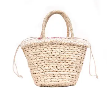 

Straw Woven Bag Handmade Pearl Straw Bag Drawstring Basket Travel Shoulder Bags For Women Handbag Bohemian Beach Bags