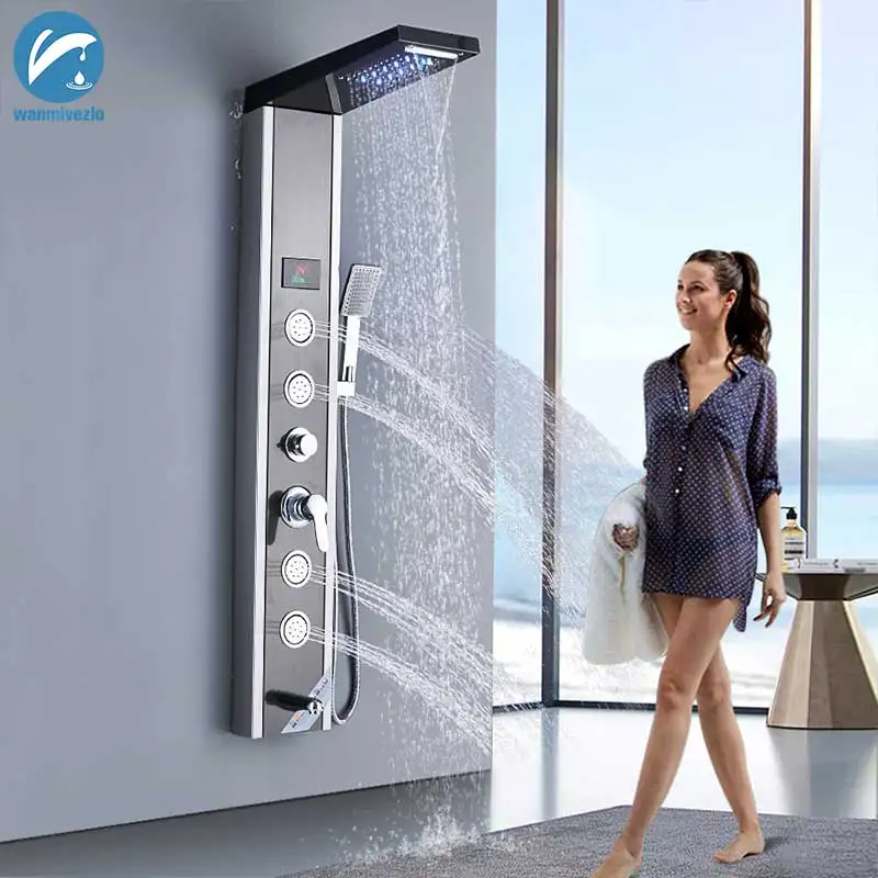 

Black LED Rain Waterfall Shower Faucet Set Shower Panel Column 4 Multi-functional Nozzles Massage SPA Jet Temperature Screen