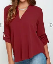 2019 hot large size female V-neck shirt long-sleeved pleated sleeves loose chiffon shirt blouse brown v neck long sleeves loose plunge t shirt dress