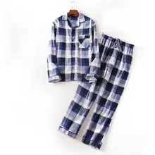 Осенние повседневные пижамы для мужчин клетчатая Пижама наборы мужской полированный чистый хлопковый пижамный комплект рубашка с отложным воротником и брюки